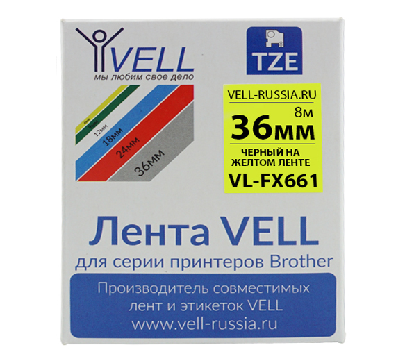 Фото Лента Vell VL-FX661 (Brother TZE-FX661, 36 мм, черный на желтом) для PT9700/P900W