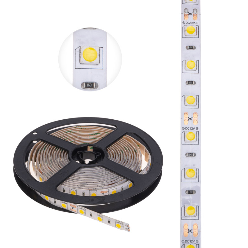 Фото Лента светодиодная 12В, SMD5050, 14,4Вт/м, 60 LED/м, 2700К, 10мм, 3м, для БП с клеммами, IP65 LAMPER {141-2030} (2)