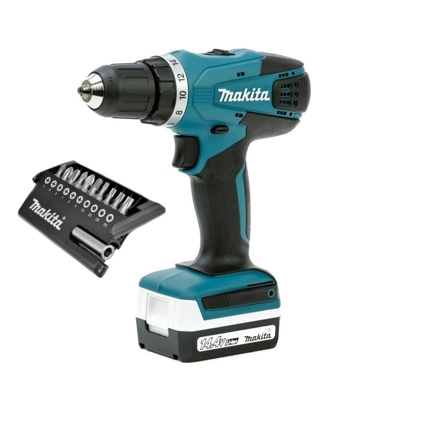 Фото Дрель аккумуляторная MAKITA G-серия 14.4В, 10мм, 30/15Нм 2x1,5Ач, з/у, набор бит D-30651 {DF347DWEX9}