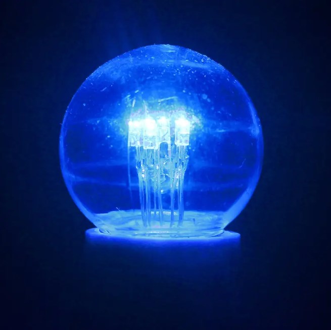 Фото Лампа шар e27 6 LED Ø45мм - синяя, прозрачная колба, эффект лампы накаливания {405-123} (1)