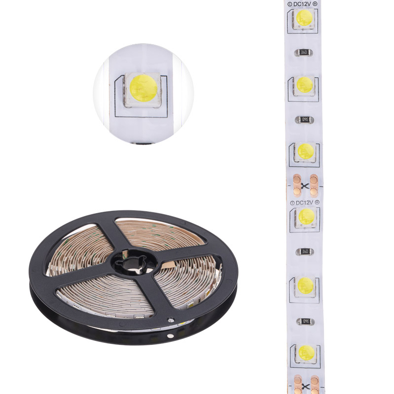 Фото Лента светодиодная 12В, SMD5050, 14,4Вт/м, 60 LED/м, 6500К, 10мм, 5м, для БП с клеммами, IP20 LAMPER {141-2024}