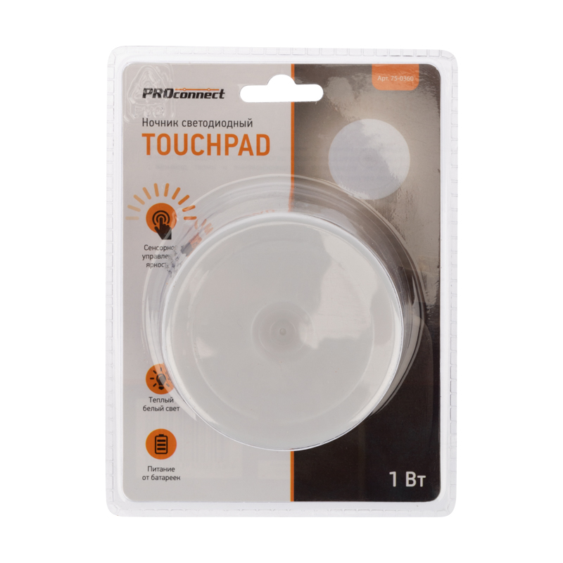 Фото Ночник светодиодный PROсonnect Touchpad с сенсорным выключателем и диммером, 3 х АА, теплое белое свечение {75-0360} (4)