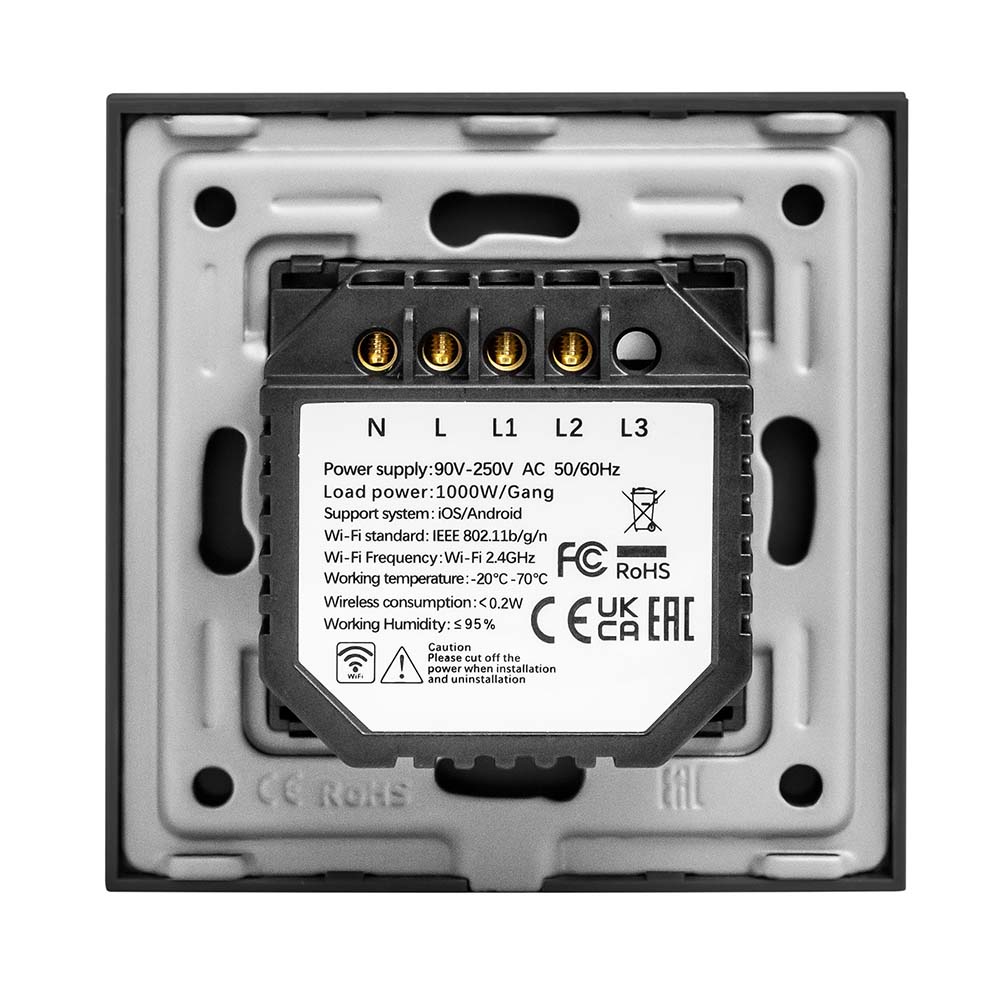 Фото Сенсорный выключатель с нулем, черный, двухклавишный, 1 пост, с Wi-Fi, с Алисой, стеклянная панель Vell {BK1P-2G-S} (2)