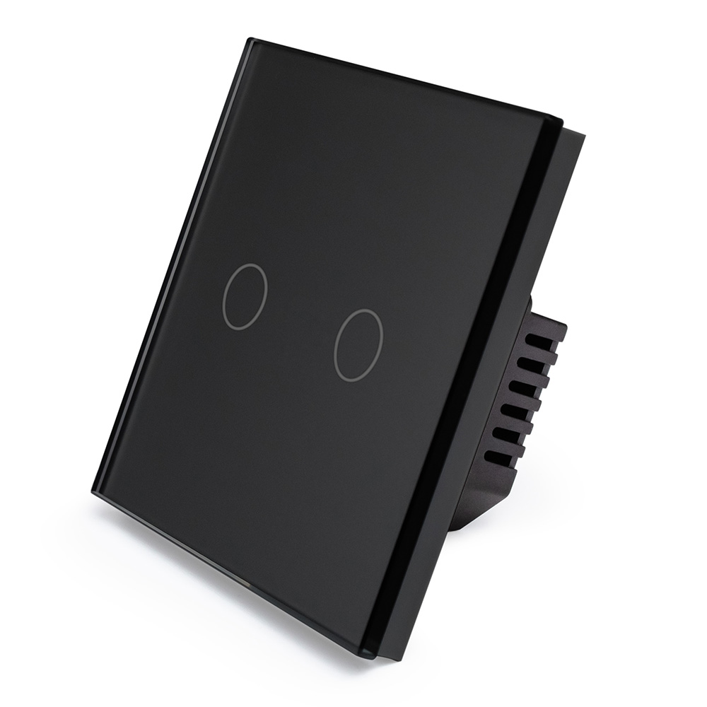 Фото Сенсорный выключатель с нулем, черный, двухклавишный, 1 пост, с Wi-Fi, с Алисой, стеклянная панель Vell {BK1P-2G-S}