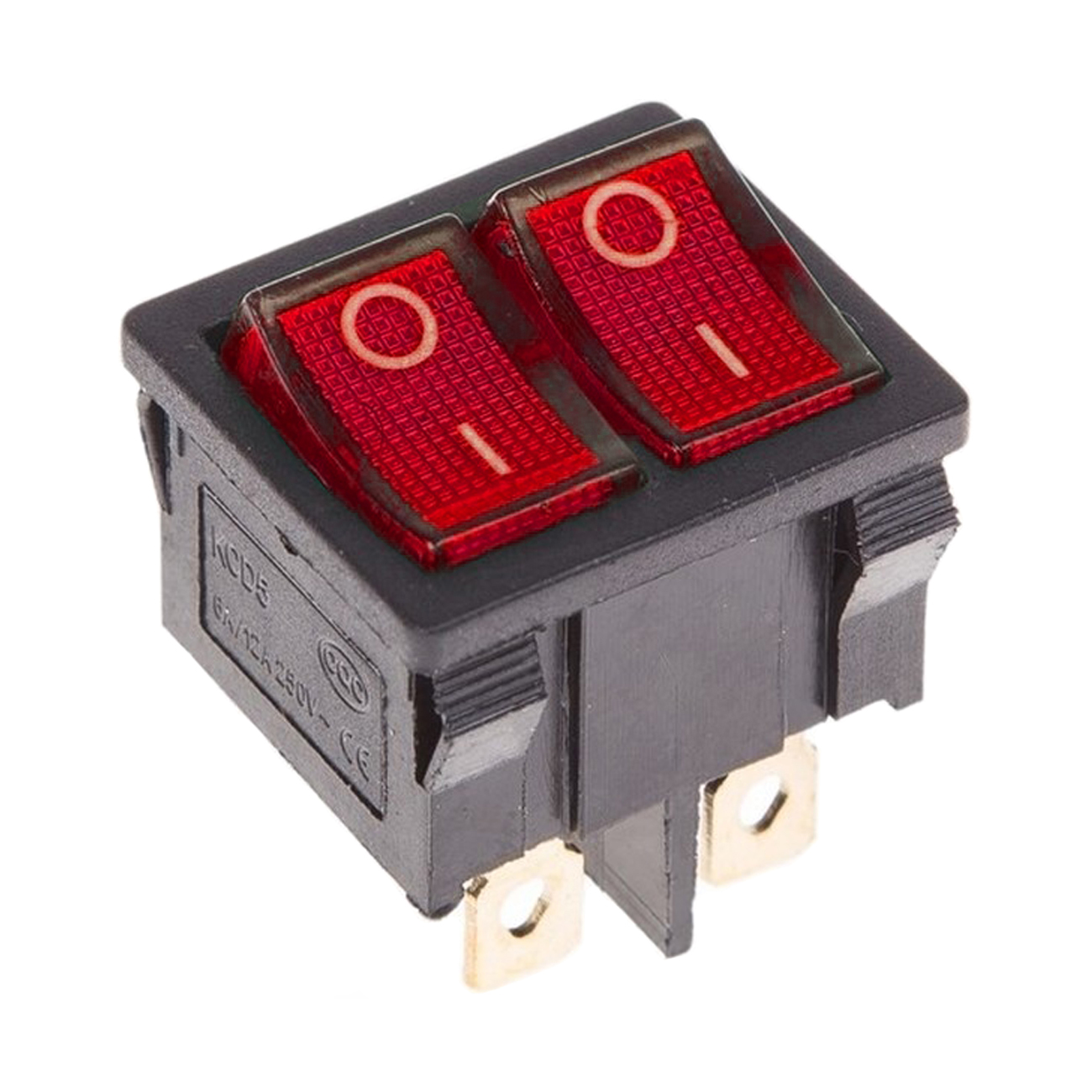 Фото Двойной выключатель клавишный Rexant Mini ON-OFF красный с подсветкой (250В 6А (6с)) {36-2160}