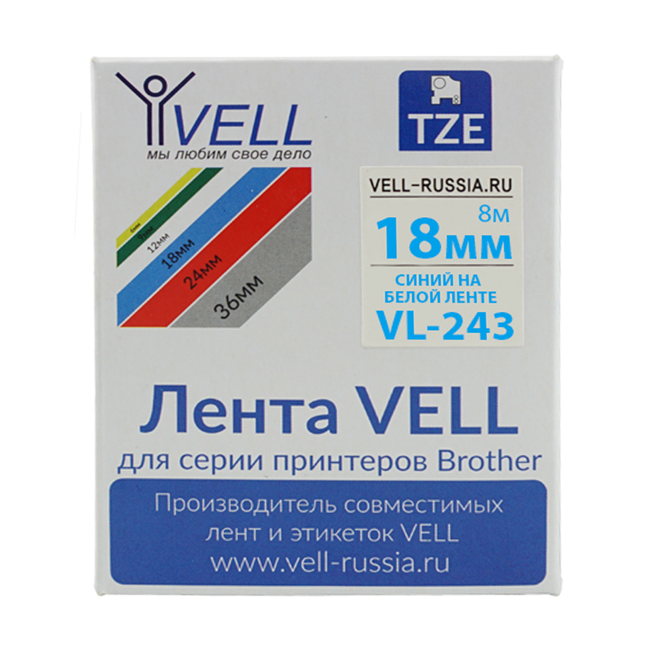 Фото Лента Vell VL-243 (18 мм, синий на белом) для PT D450/D600/E300/2700/ P700/P750/E550/9700/P900/2430