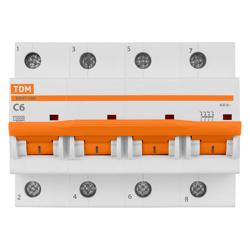Фото Автоматический выключатель ВА47-100 4Р 6А 10кА х-ка С TDM {SQ0207-0139} (1)