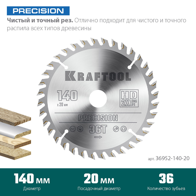 Фото Пильный диск по дереву KRAFTOOL Precision, 140 х 20 мм, 36Т {36952-140-20} (1)