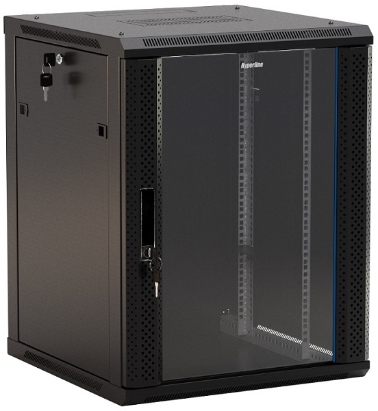 Фото Hyperline TWB-0666-GP-RAL9004 Шкаф настенный 19-дюймовый (19"), 6U, 367x600х600мм, стеклянная дверь {392628} (1)