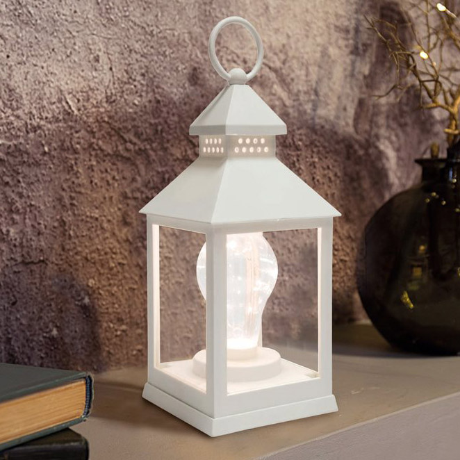 Фото Декоративный фонарь с лампочкой, белый корпус, размер 10.5х10.5х24 см, цвет теплый белый {513-052}