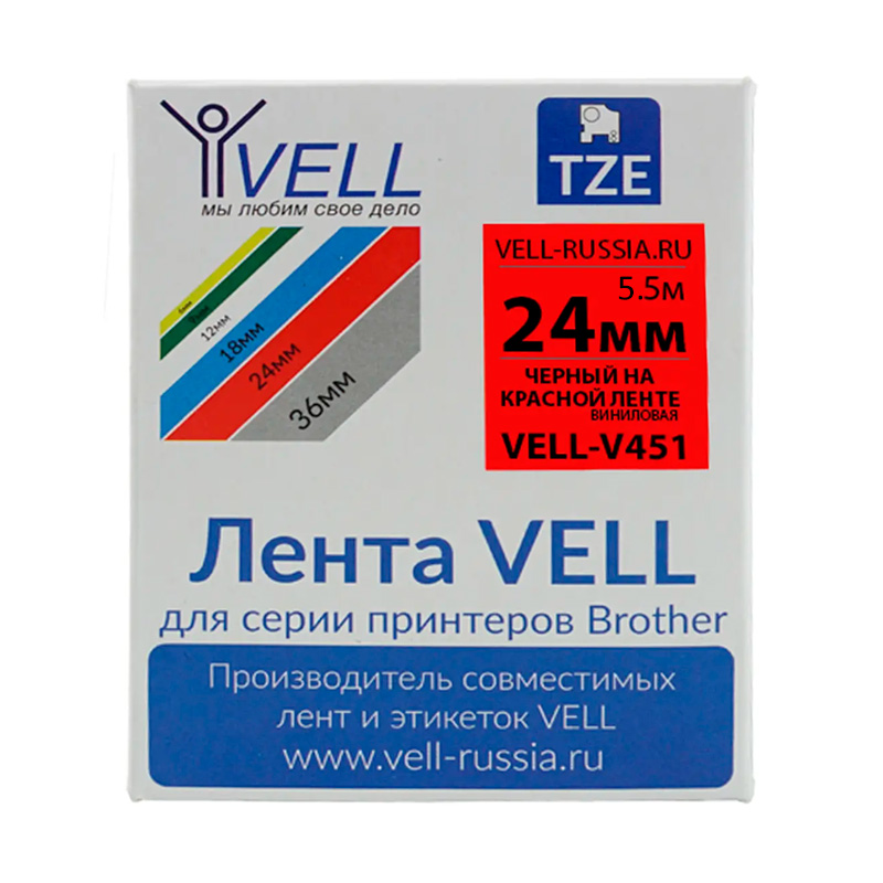 Фото Лента виниловая Vell V-451 (24 мм, черный на красном) для PT D600/2700/P700/P750/ PTE550/9700/P900 {Vell-V451}