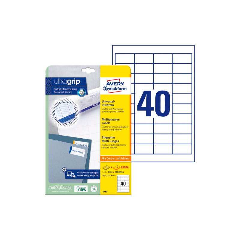 Фото Самоклеящаяся матовая бумага для принтера, белая, 48.5х25.4 мм (40 шт. на листе A4, 30 листов) {4780} (1)