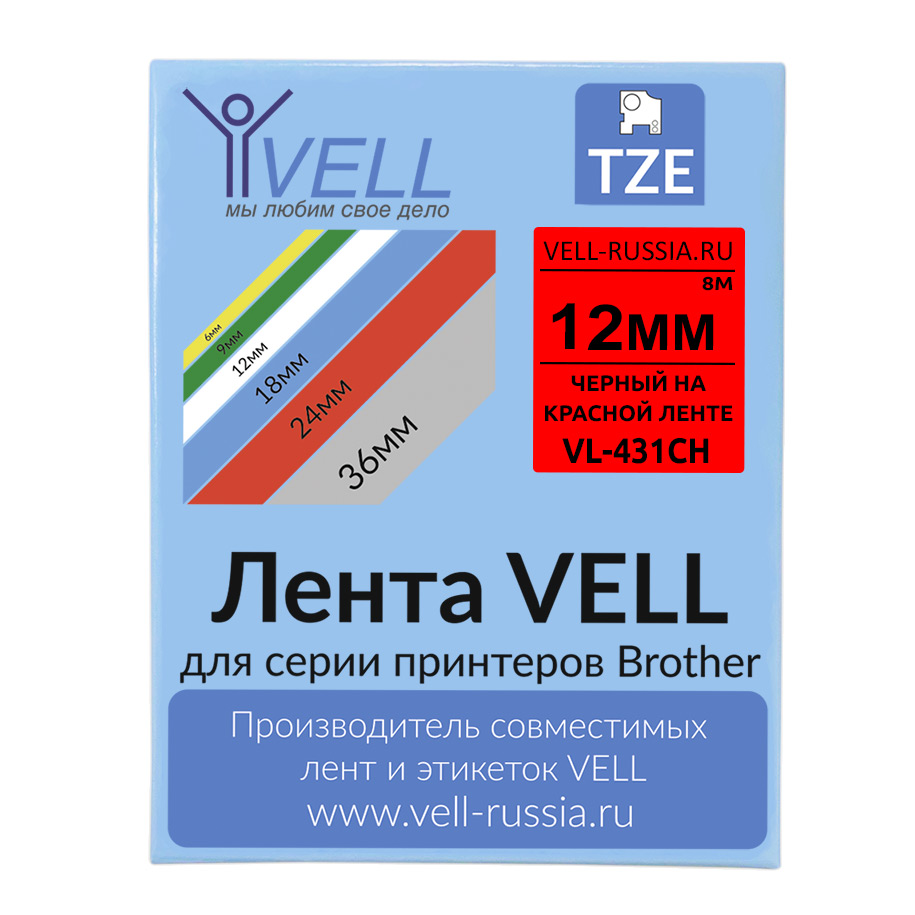 Фото Лента Vell VL-431CH (с чипом, 12 мм, черный на красном) для Puty PT-100E/100ECH/Brother D200/E110/ D600/E300/2700/ P700/E550/P900 {Vell-431CH}