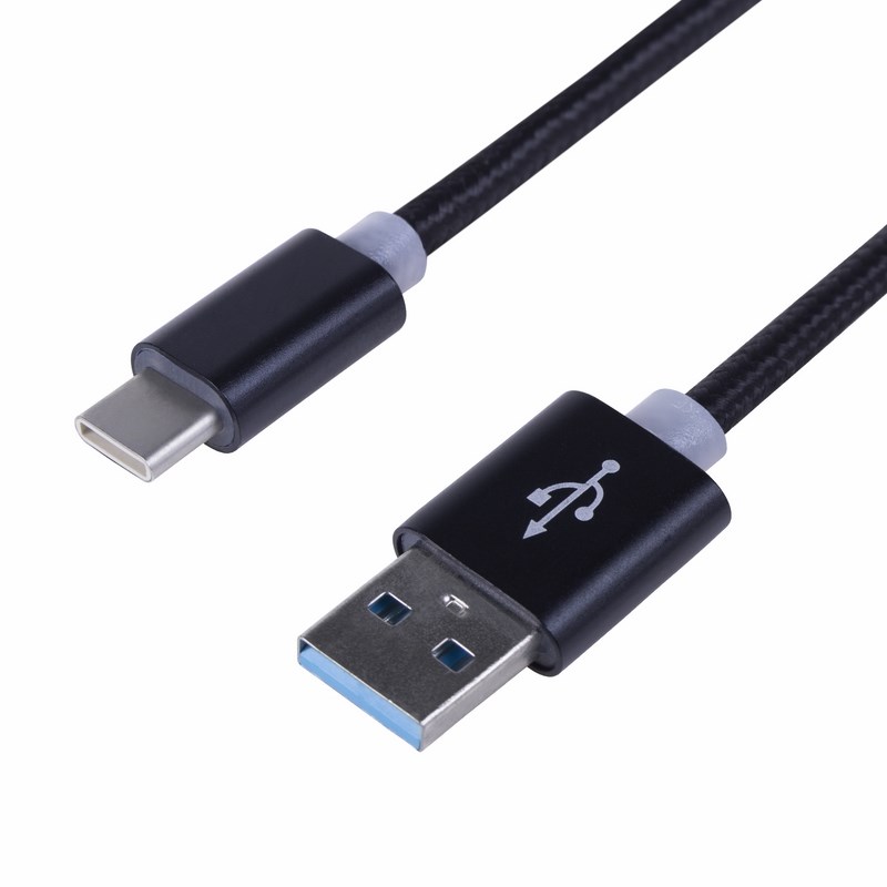 Фото Шнур Rexant, USB 3.1 Type-C (male)-USB 2.0 (male) в тканевой оплетке (черный) 1 м {18-1884}