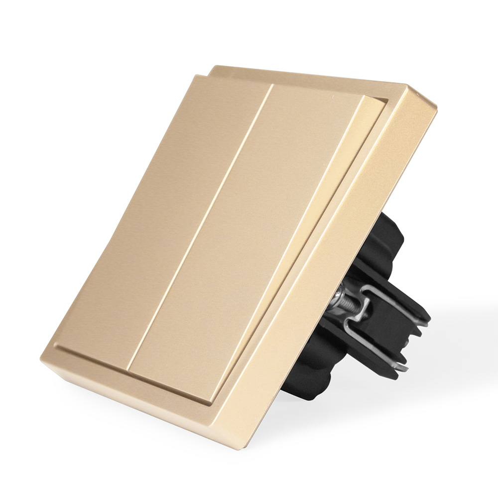 Фото Выключатель золотой, двухклавишный, 1 пост, с тонкой пластиковой рамкой Vell {GD1P-2L-Grand}