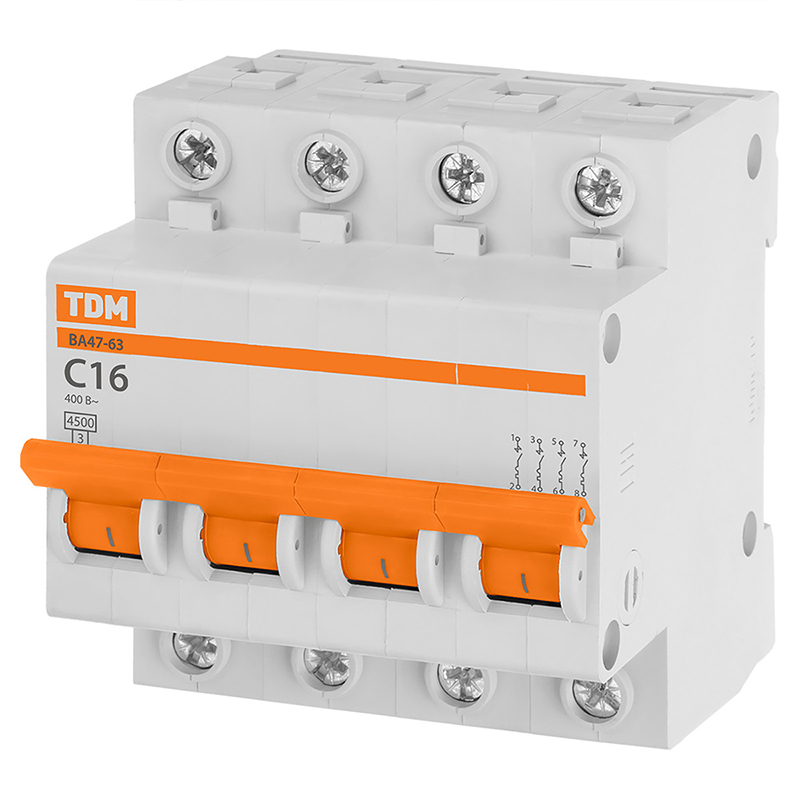 Фото Автоматический выключатель ВА47-63 4P 16А 4,5кА х-ка С TDM {SQ0218-0030}