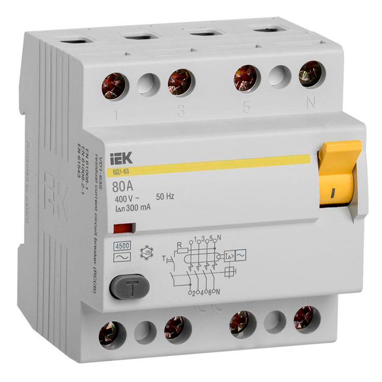 Фото Выключатель дифференциального тока (УЗО) 4п 80А 300мА тип AC ВД1-63 IEK MDV10-4-080-300