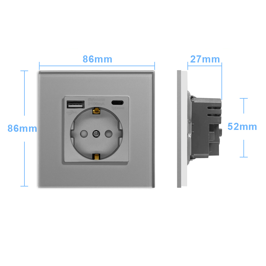 Фото Розетка электрическая, серая, 1 пост, USB-A, USB-C, стеклянная рамка Vell {GY1P-EUAC} (2)