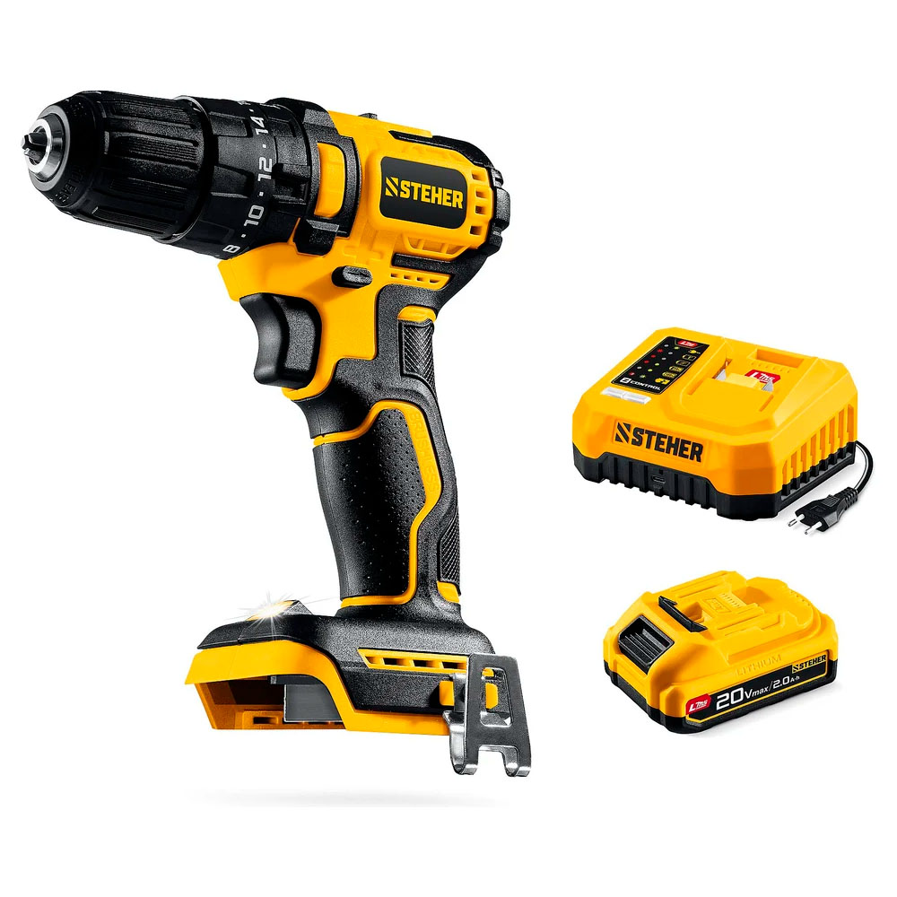 Фото Бесщеточная ударная дрель-шуруповерт, 45 Н·м, 1 АКБ LMS {2 А·ч}, 20 В, STEHER {CBS-45-21} (2)