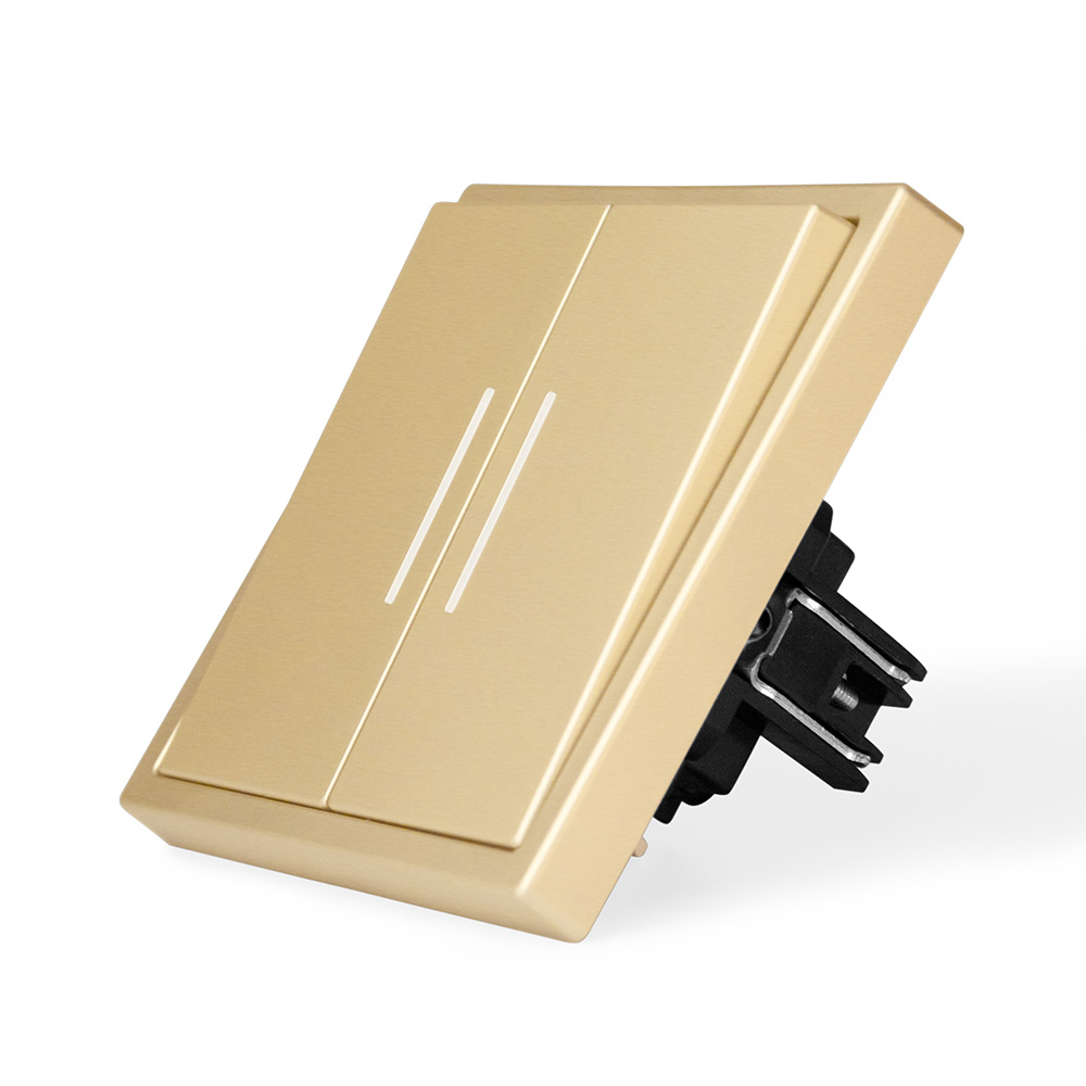 Фото Выключатель c подсветкой золотой, двухклавишный, 1 пост, с тонкой пластиковой рамкой Vell EchoGrand {GD1P-2L-EchoGrand} (2)