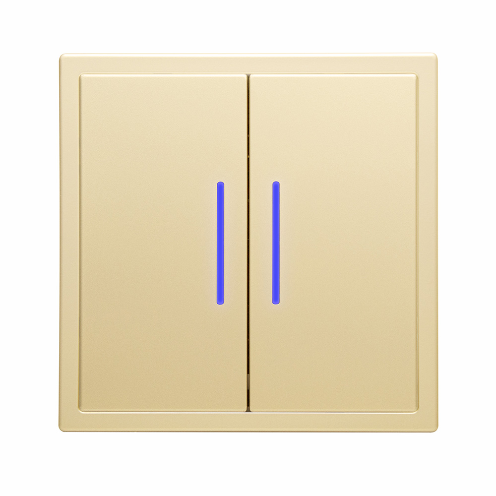 Фото Выключатель c подсветкой золотой, двухклавишный, 1 пост, с тонкой пластиковой рамкой Vell EchoGrand {GD1P-2L-EchoGrand} (3)