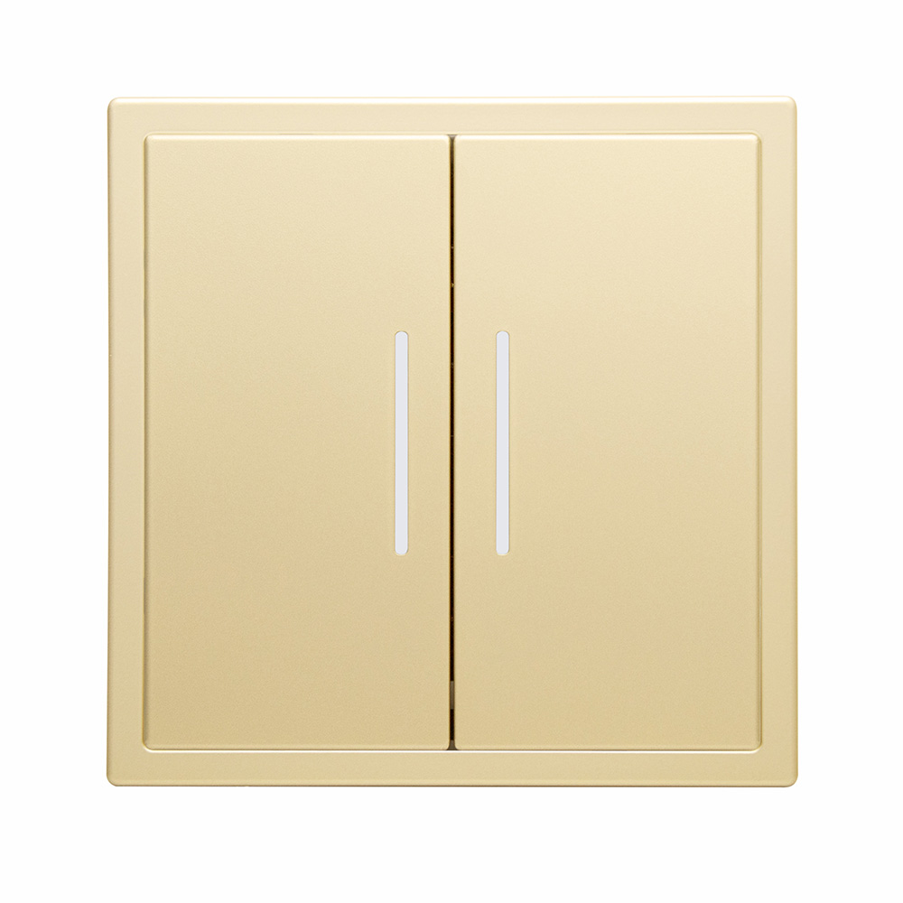 Фото Выключатель c подсветкой золотой, двухклавишный, 1 пост, с тонкой пластиковой рамкой Vell EchoGrand {GD1P-2L-EchoGrand} (4)