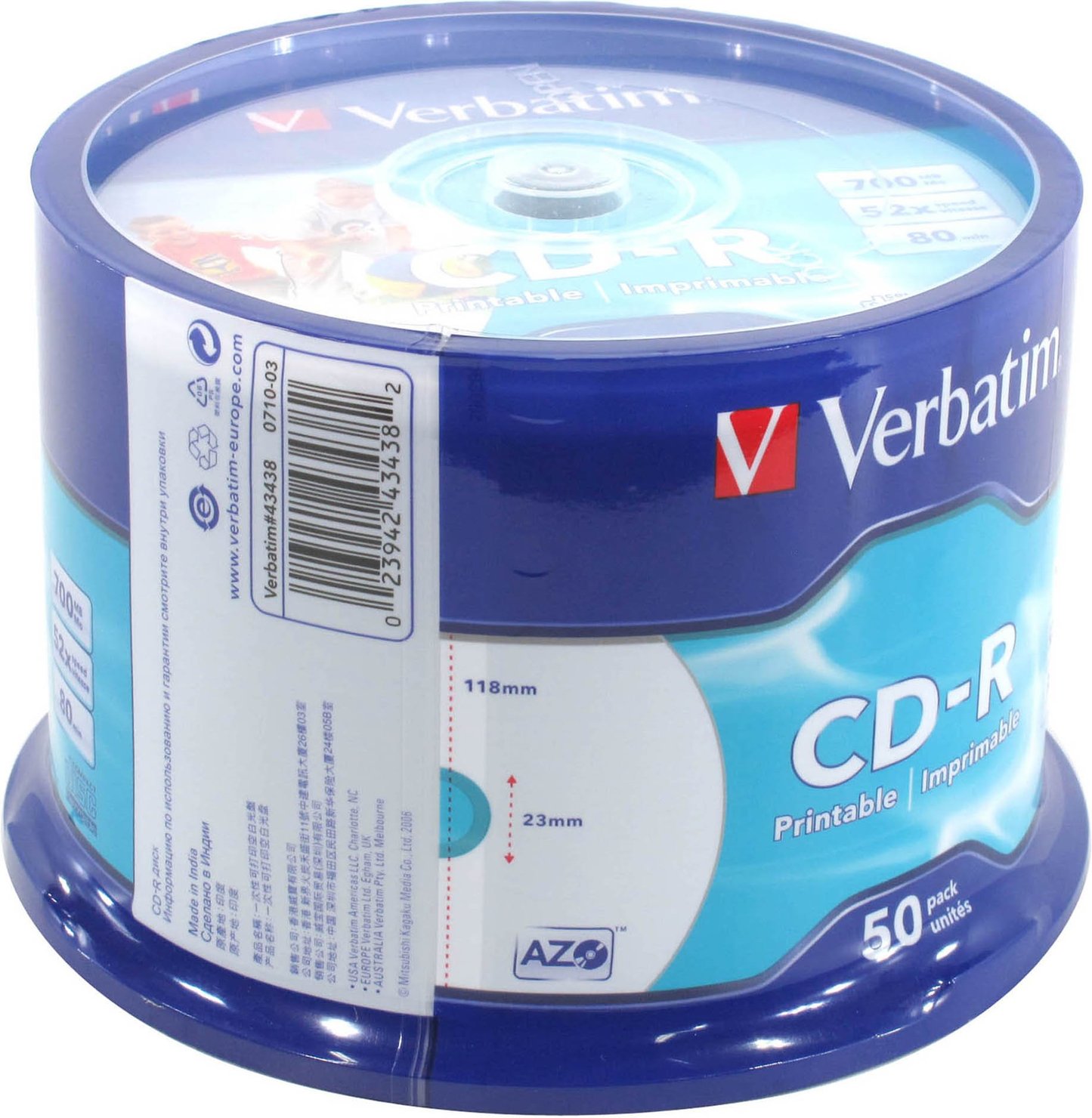 Фото Диск CD-R Verbatim 700 Mb, 52x, Cake Box (50), DL+, Full Ink Printable (50/200) {43438}