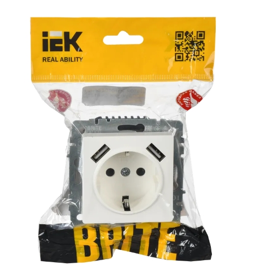 Фото Розетка BRITE РЮш10-1-БрБ 16А с USB A+A 2.1А с заземл. защ. шторки бел. IEK BR-R14-16-U21-D21-K01 (1)