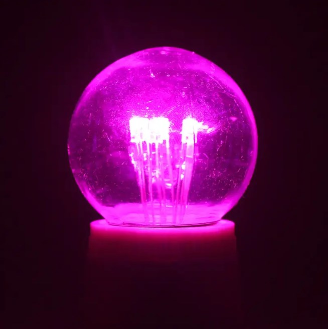 Фото Лампа шар e27 6 LED Ø45мм - розовая, прозрачная колба, эффект лампы накаливания {405-127} (1)