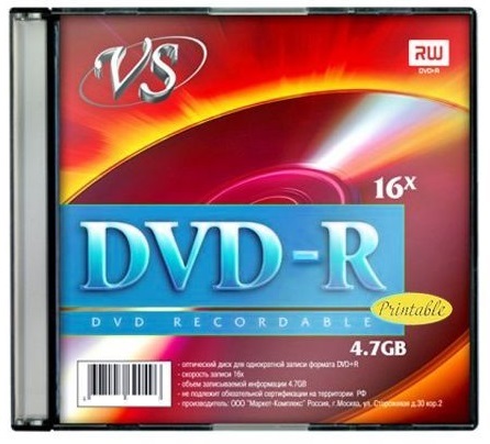 Фото Диск DVD-R VS 4.7 Gb, 16x, Slim Case (5), Ink Printable (5/200) 20380 {VSDVDRIPSL501}