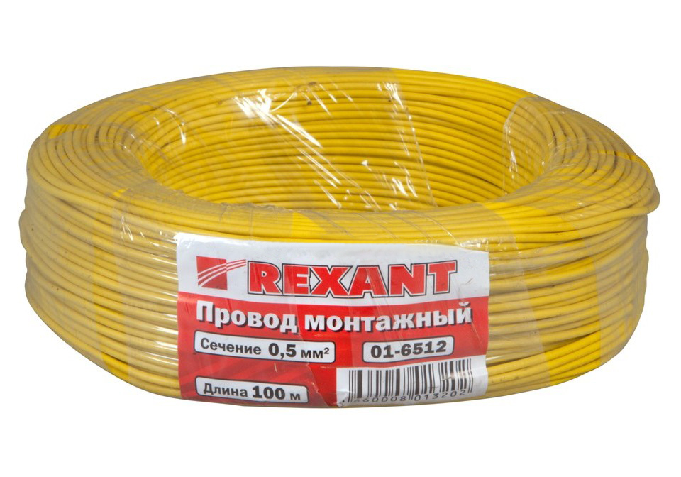 Фото Провод питания ПГВА 1 х 0.50 мм², Rexant, желтый (бухта, 100 м) {01-6512} (1)