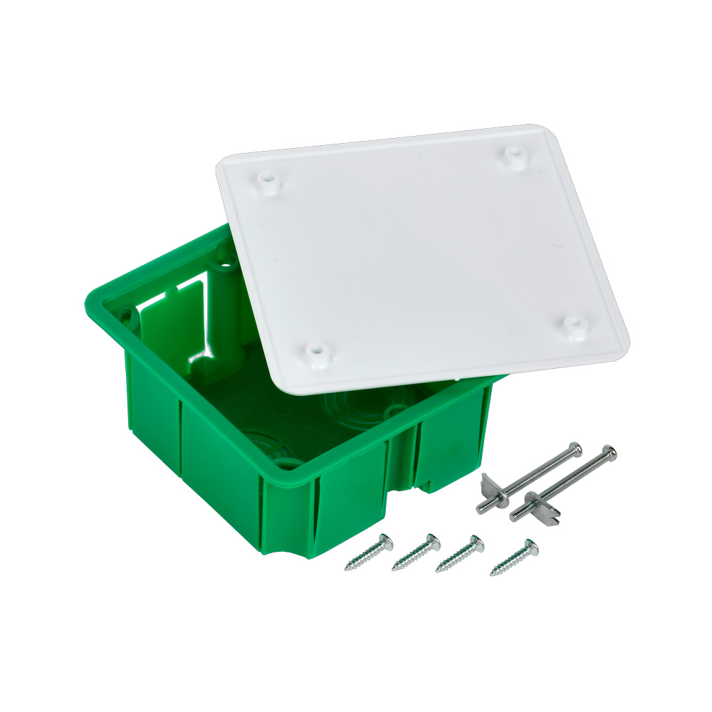 Фото Коробка распаячная СП 92х92х45 КМ41021 для полых стен (с саморезами метал. лапки. с крышкой) IEK UKG11-092-092-040-M (1)