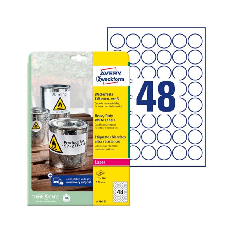 Фото Всепогодные круглые этикетки Avery Zweckform для лазерных принтеров, белые Ø 30 мм (48 шт. на листе A4, 20 листов) {L4716-20} (1)