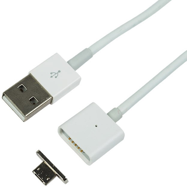 Фото USB кабель micro USB магнитный со съемным штекером, 1м белый {18-0011-9}