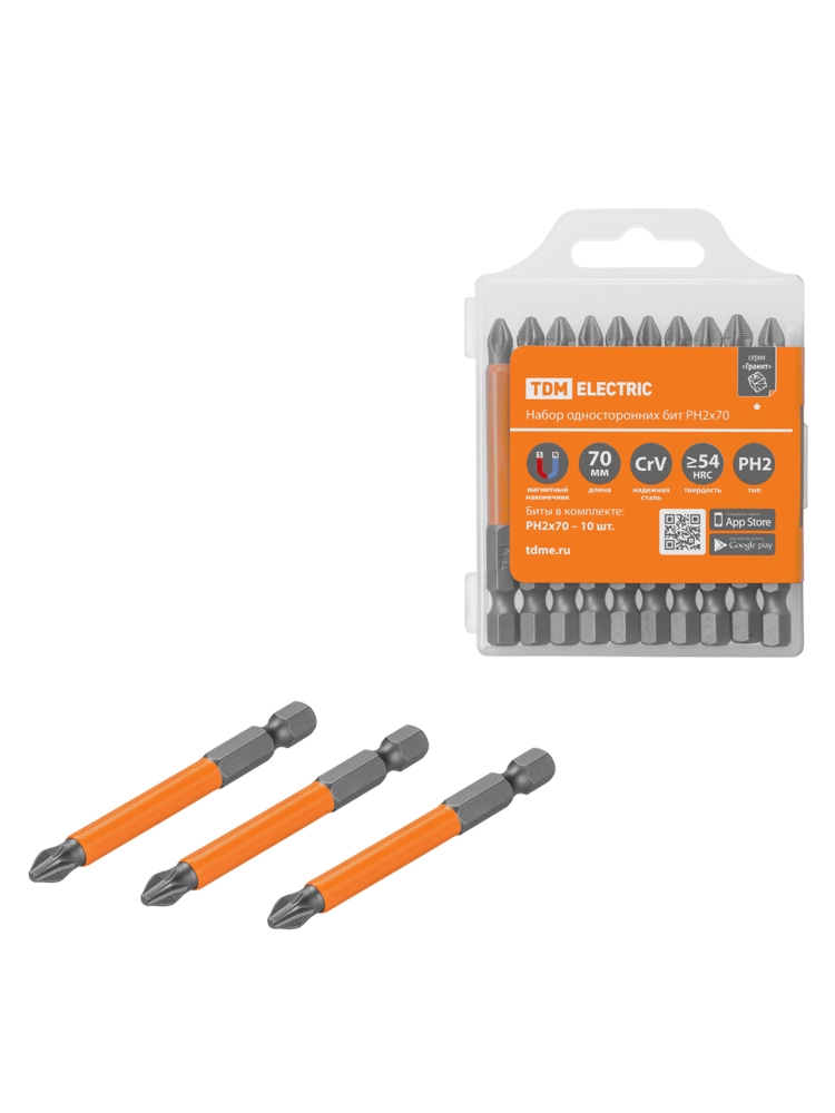 Фото Набор бит PH2x70, односторонних, сталь CrV, Е 1/4", 10 шт, «Гранит» TDM {SQ1019-0345}