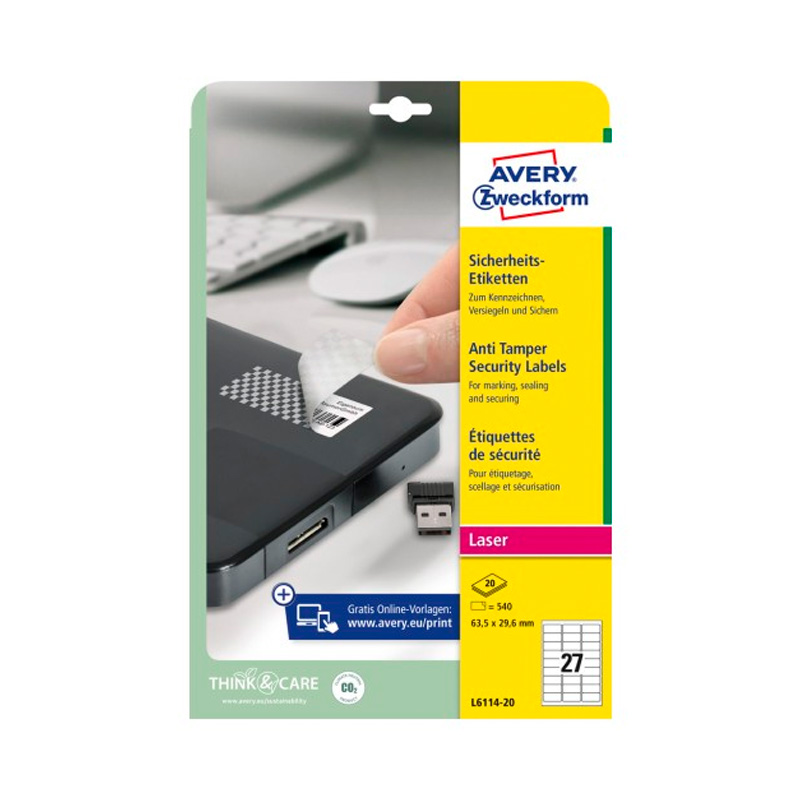 Фото Этикетки-пломбы 63.5x29.6 мм (27 шт. на листе A4, 20 листов) {L6114-20}