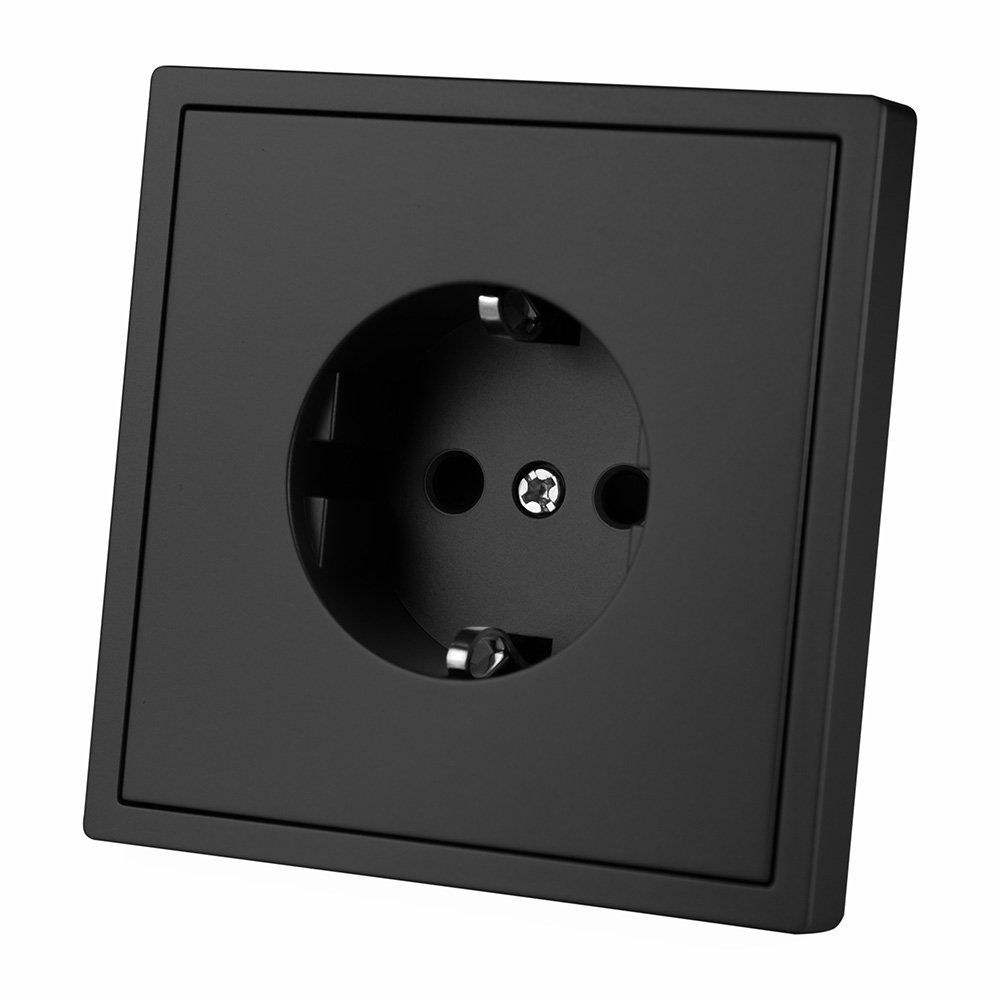 Фото Розетка черная, электрическая, 1 пост, с тонкой пластиковой рамкой Vell {BK1P-EU-Grand}
