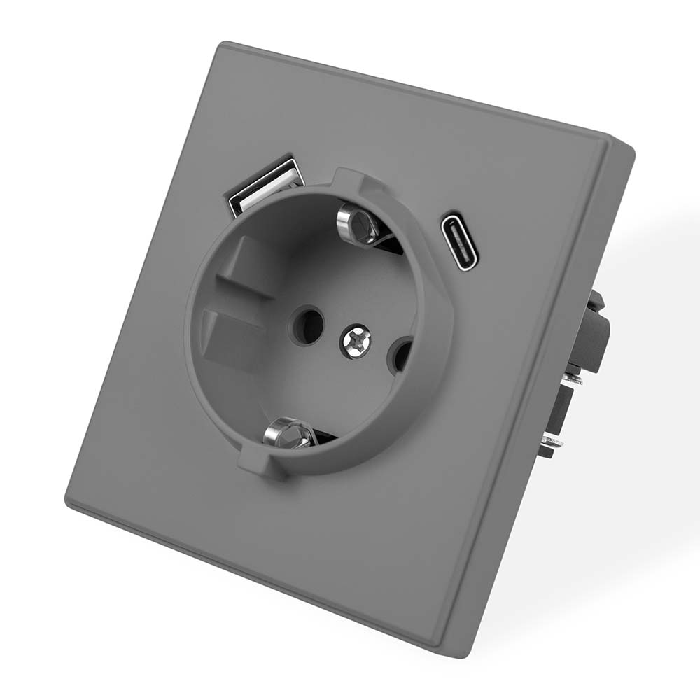Фото Розетка электрическая, серая, 1 пост, USB-A, USB-С, с рамкой Vell Air {V702087}