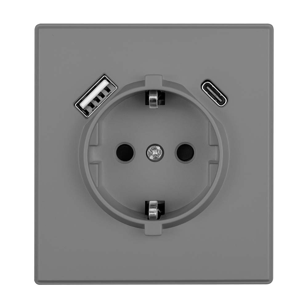 Фото Розетка электрическая, серая, 1 пост, USB-A, USB-С, с рамкой Vell Air {V702087} (1)
