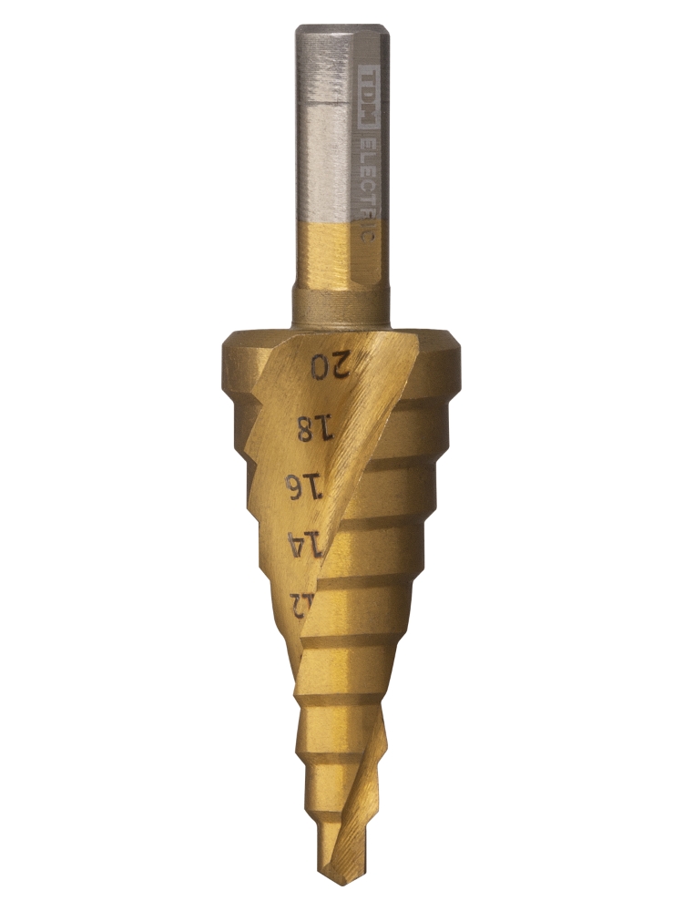 Фото Сверло по металлу ступенчатое, 4-20 мм, 9 ступеней, нитрид., HSS, цилиндр. хв., "Рубин" TDM {SQ1090-0713} (2)