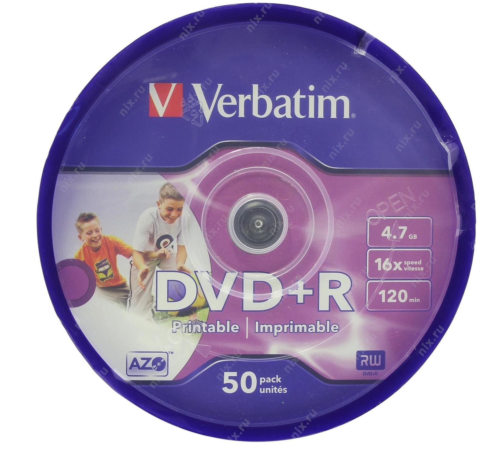 Фото Диск DVD+R Verbatim 4.7 Gb, 16x, Cake Box (50), Printable (50/200). {43512} (1)