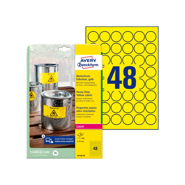 Фото Всепогодные круглые этикетки Avery Zweckform для лазерных принтеров, желтые Ø 30 мм (48 шт. на листе A4, 20 листов) {L6128-20} (1)