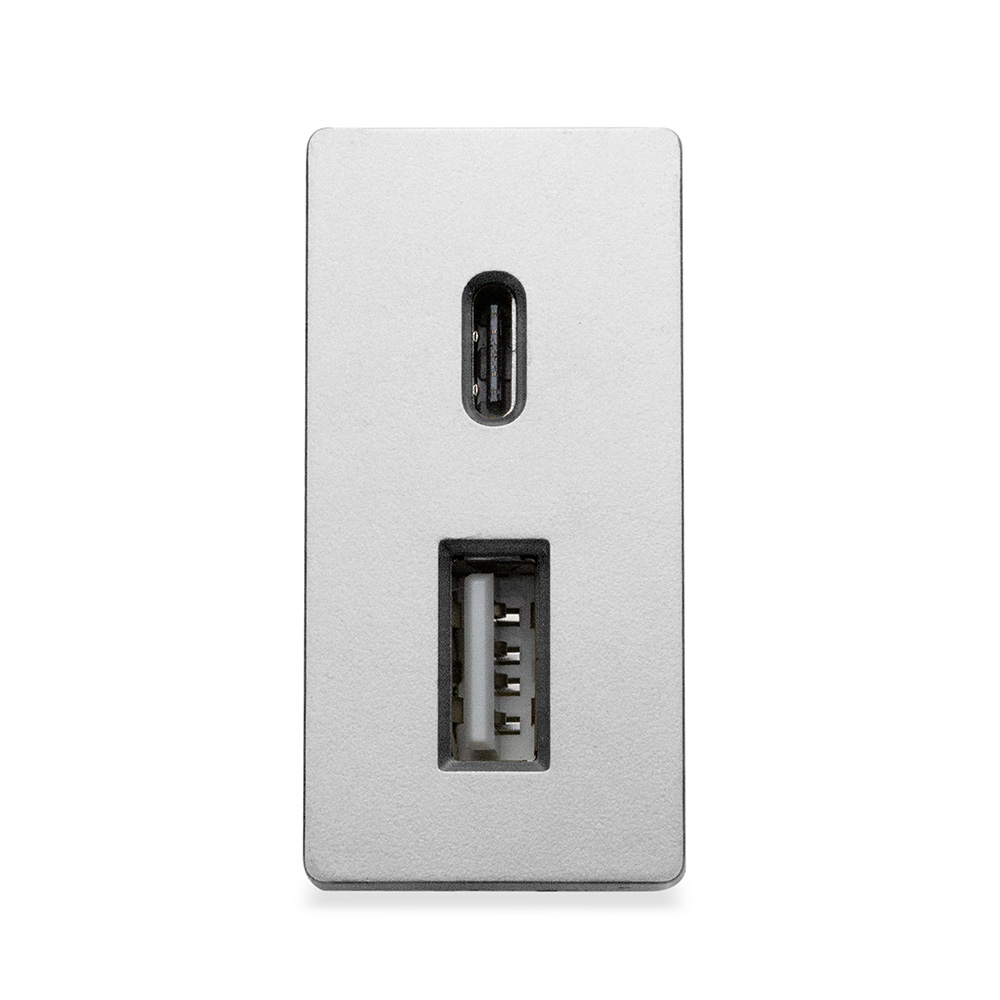 Фото Розетка серая, 1/2, USB A + USB С разъем, 4 А, 5 В, модуль, Vell {GY-1/2-AC}