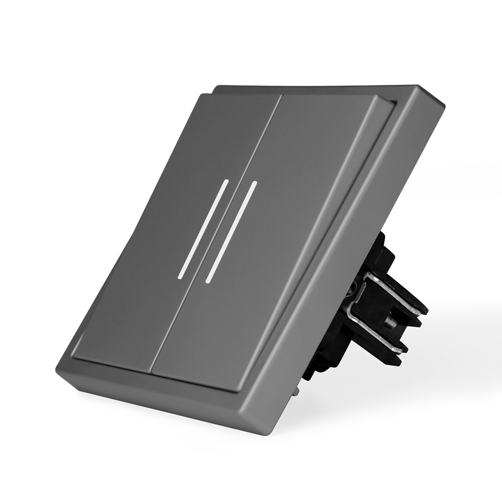 Фото Выключатель c подсветкой серый, двухклавишный, 1 пост, с тонкой пластиковой рамкой Vell {GY1P-2L-EchoGrand} (3)