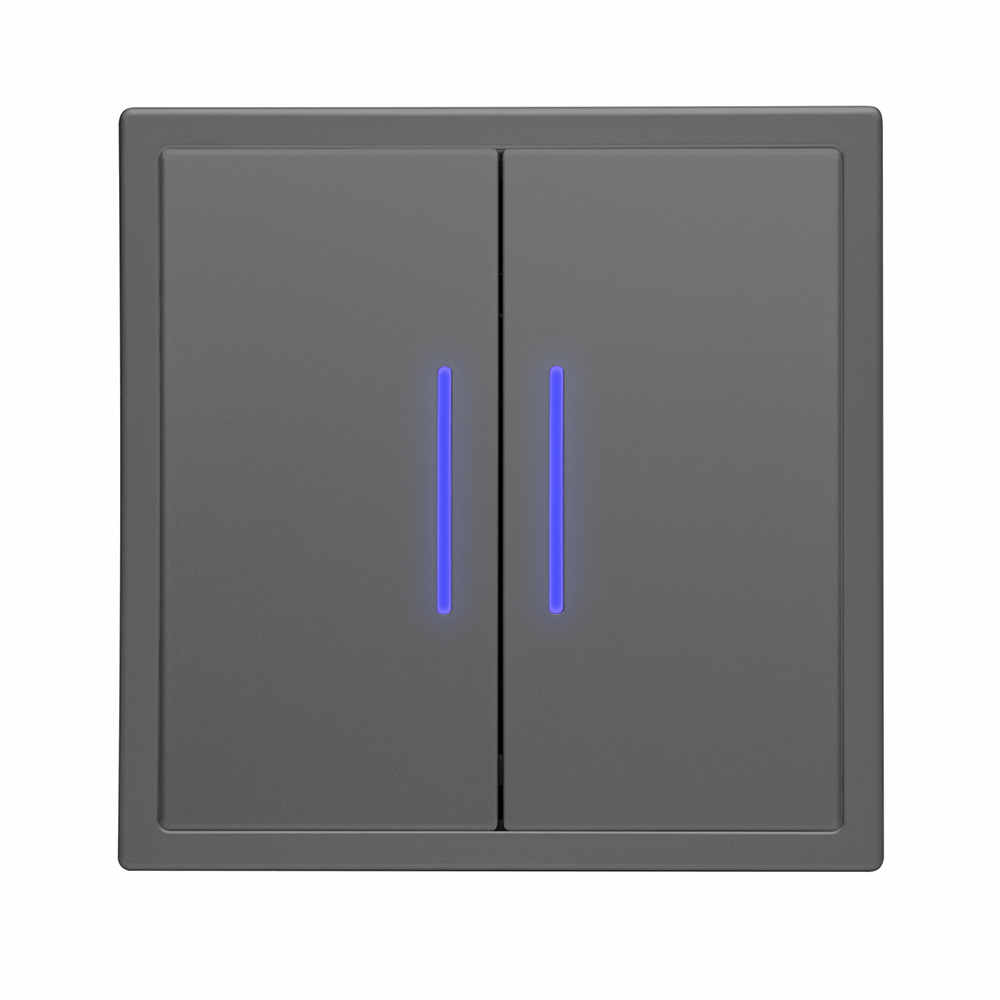 Фото Выключатель c подсветкой серый, двухклавишный, 1 пост, с тонкой пластиковой рамкой Vell {GY1P-2L-EchoGrand} (6)