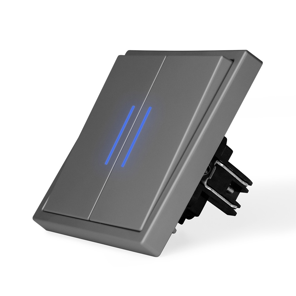 Фото Выключатель c подсветкой серый, двухклавишный, 1 пост, с тонкой пластиковой рамкой Vell {GY1P-2L-EchoGrand}