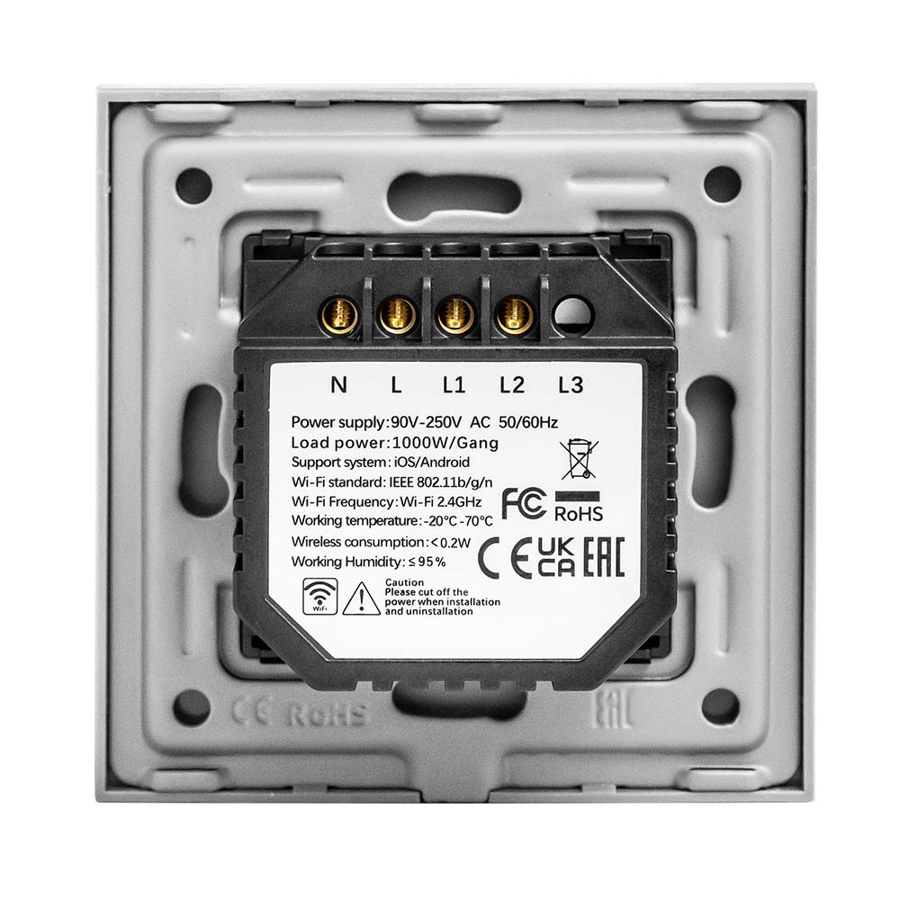 Фото Сенсорный выключатель с нулем, серый, двухклавишный, 1 пост, с Wi-Fi, с Алисой, стеклянная панель Vell {GY1P-2G-S} (2)