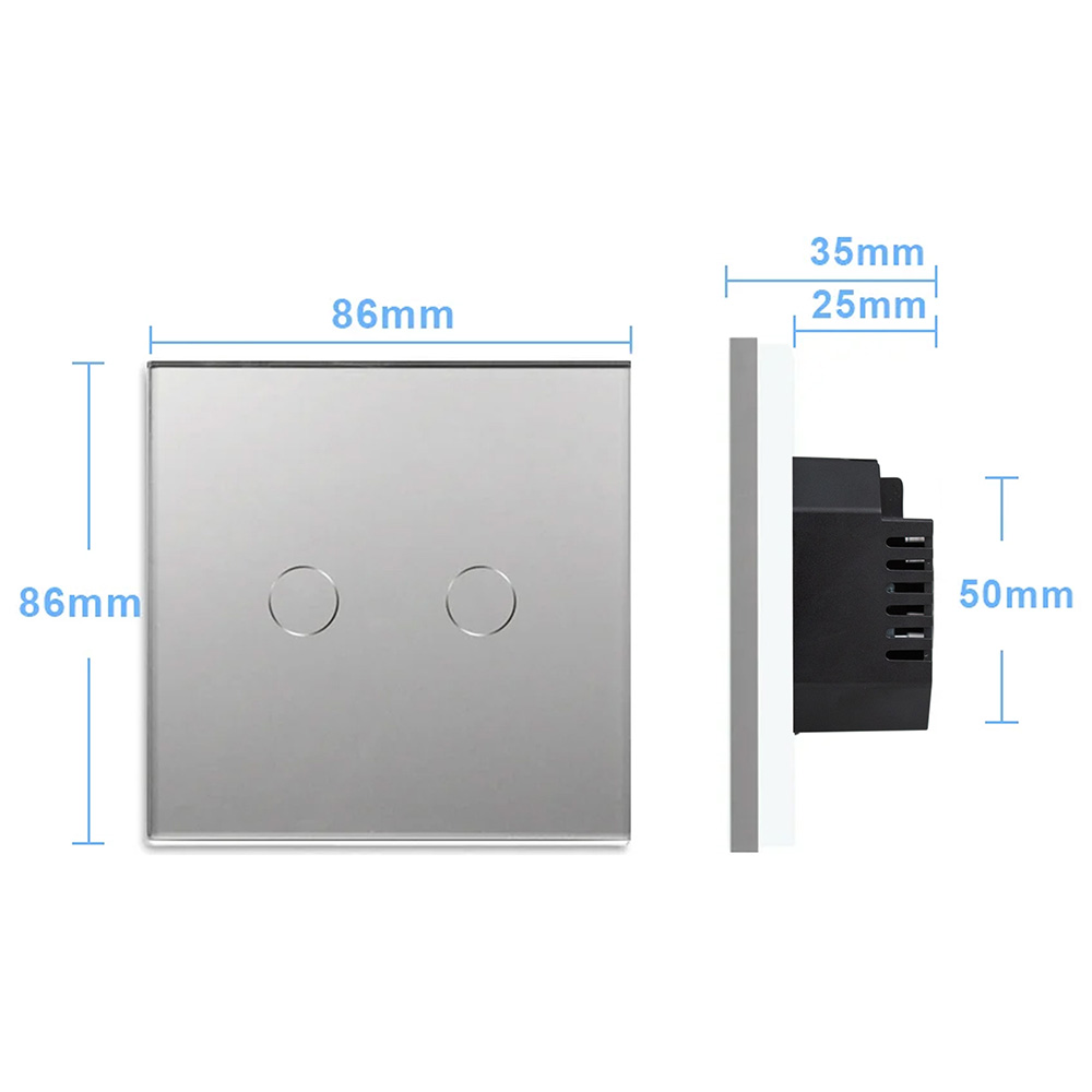 Фото Сенсорный выключатель с нулем, серый, двухклавишный, 1 пост, с Wi-Fi, с Алисой, стеклянная панель Vell {GY1P-2G-S} (4)