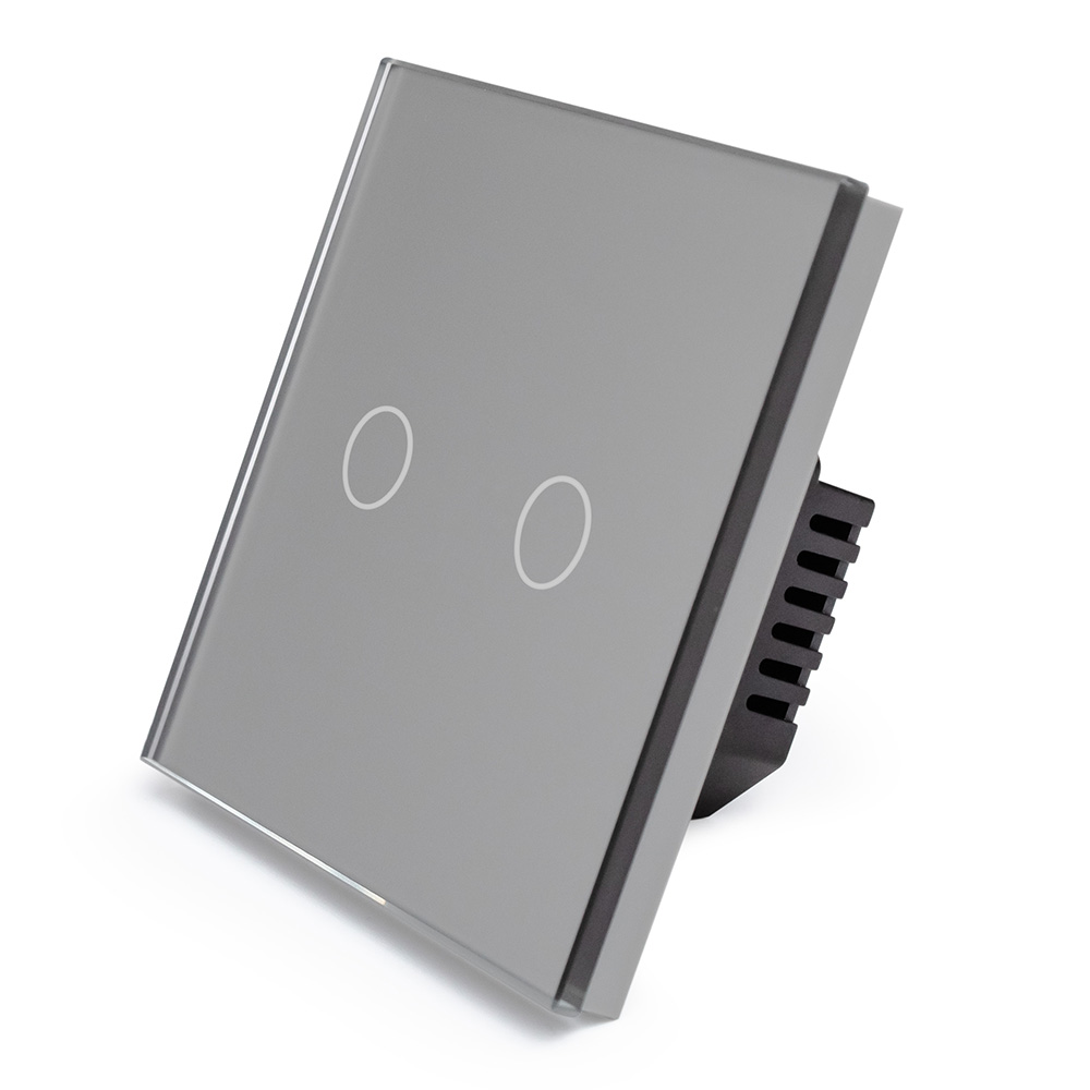 Фото Сенсорный выключатель с нулем, серый, двухклавишный, 1 пост, с Wi-Fi, с Алисой, стеклянная панель Vell {GY1P-2G-S}