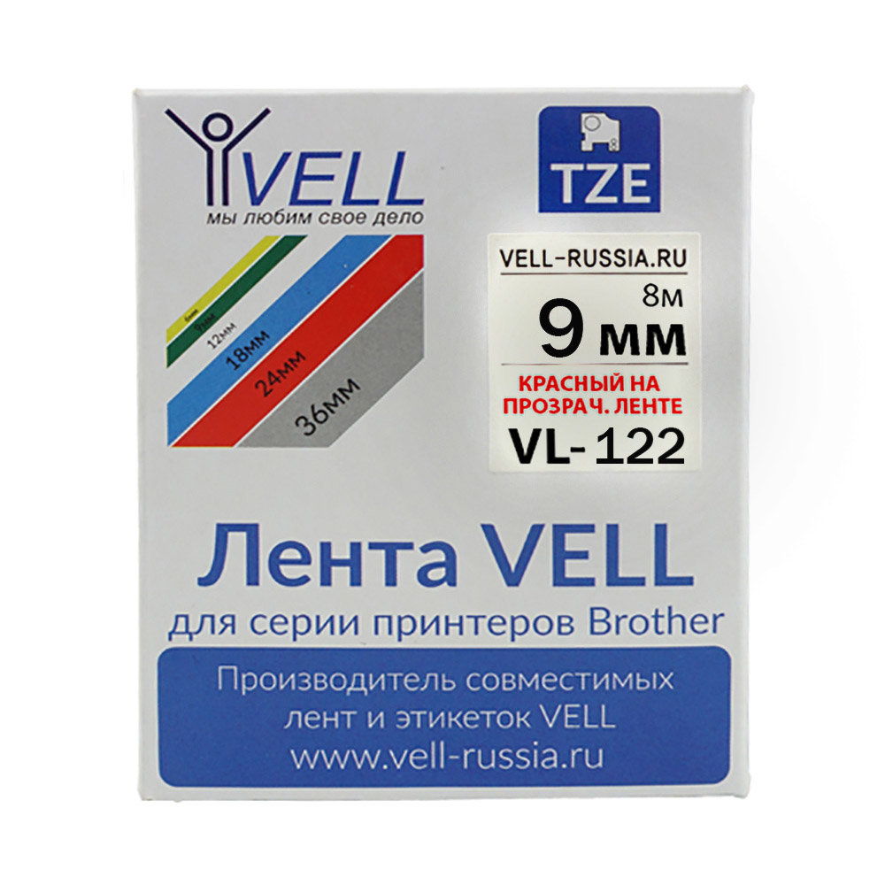 Фото Лента Vell VL-122 (Brother TZE-122, 9 мм, красный на прозрачном) для PT 1010/1280/D200/H105/E100/ D600/E300/2700/ P700/E550/9700 {Vell-122}